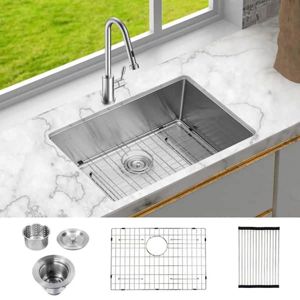 Lindra 27 in. L x 18 in. W Undermount Single Bowl Stainless Steel Kitchen Sink with Grid, Strainer and Drying Rack