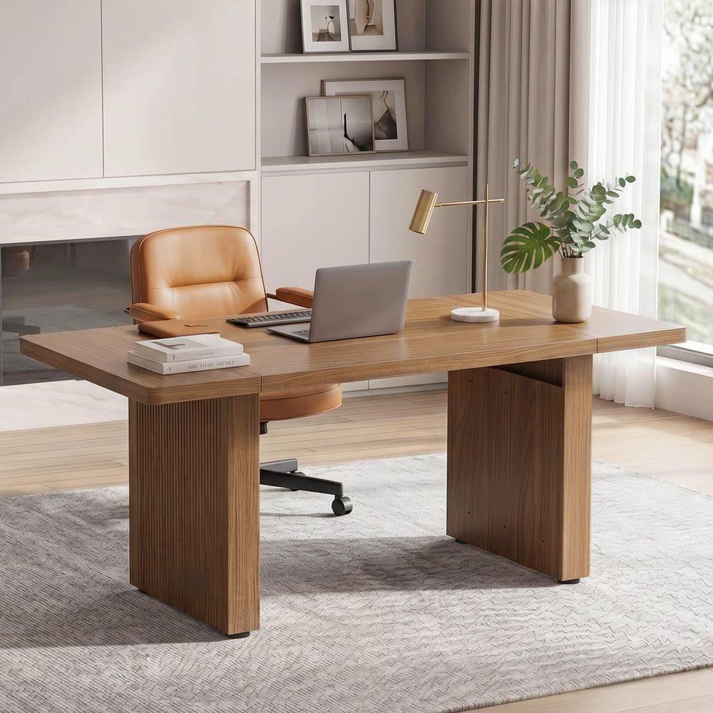 63 in. Rectangular Brown Fluted Executive Desk with Ribbed Pedestal Base, Modern Large Office Desk