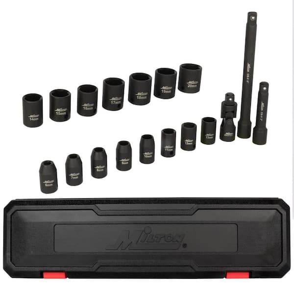 Milton 3/8 in. Drive Shallow 6-Point Imp Socket Set, 6-20 mm, Universal Joint and Extension Bars (18-Piece)