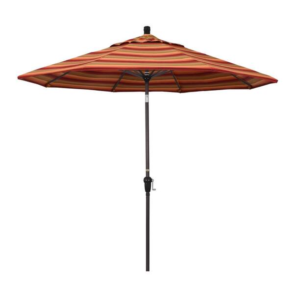 California Umbrella 9 ft. Bronze Aluminum Market Auto-tilt Crank Lift Patio Umbrella in Astoria Sunset Sunbrella