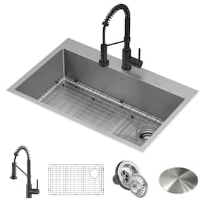 Loften All-in-One Dual Mount Drop-In Stainless Steel 33in. Single Bowl Kitchen Sink with Pull Down Faucet in Matte Black