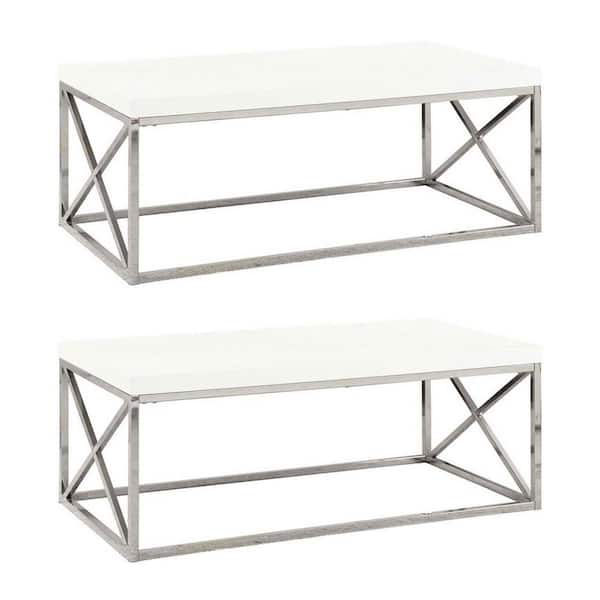 Monarch Specialties Glossy White Chrome Metal Contemporary Living Room Coffee Table (2-Pack)