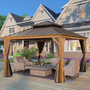 12 ft. x 12 ft. Outdoor Aluminum Frame Patio Gazebo Canopy Shelter with Galvanized Steel Hardtop Roof, Curtain, Netting