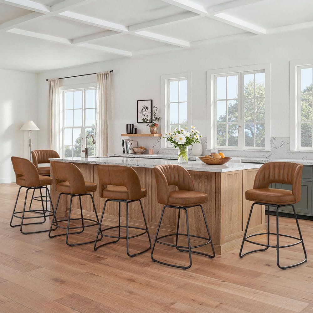 26 in. Brown Faux Leather Swivel Bar Stool Metal Frame Upholstered Counter Height Barstools with High Back (Set of 6)