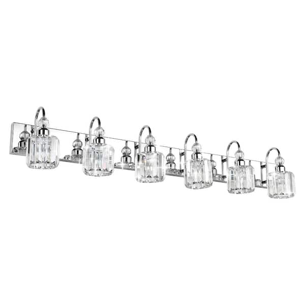 6-Light Stainless Steel Vanity Light with Clear Crystal Shades, 48 in. Long Fixture for Bathroom Mirror Lighting