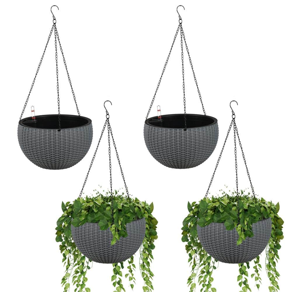 Aoodor 10.24 in. Gray Plastic Hanging Baskets with Water Level