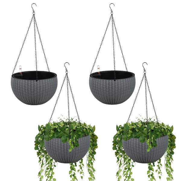 Aoodor 10.24 in. Gray Plastic Hanging Baskets with Water Level Indicator Drainer and Chain (4-Pack)