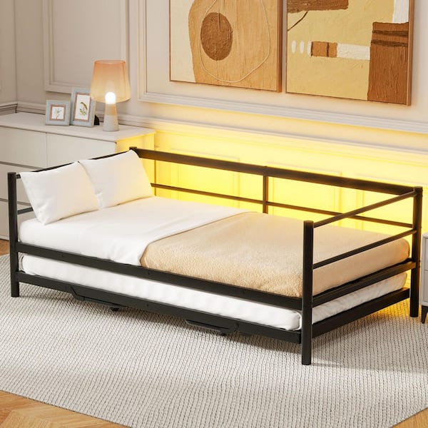 Black Twin Size Metal Daybed with LED and Trundle