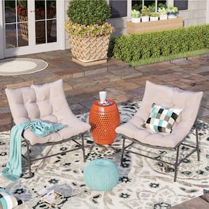 Grey Rattan Curved 2-Piece Steel Outdoor Patio Conversation Set with Removable Off-White Cushions