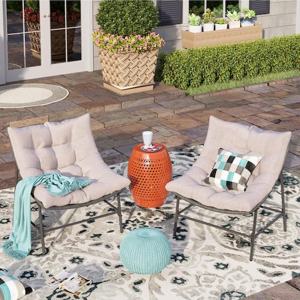 PHI VILLA Grey Rattan Curved 2-Piece Steel Outdoor Patio Conversation Set with Removable Off-White Cushions