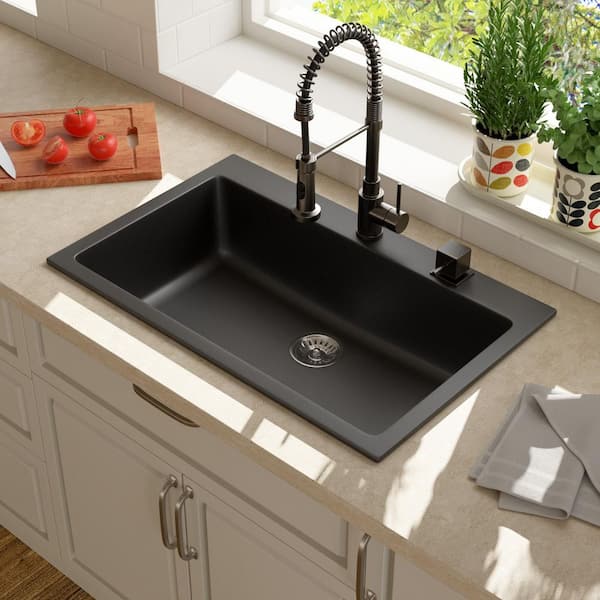 33 in. Drop-in Single Bowl Matte Black Granite Composite Kitchen Sink with Bottom Grids and Strainer