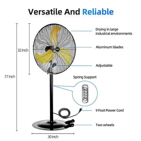 30 in Yellow Heavy-Duty High-Speed Floor-Standing Oscillating Fan with Powerful 1/3 Motor for Commercial or Industrial