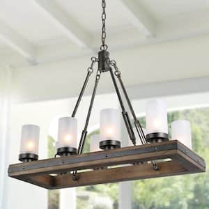 Farmhouse Kitchen Linear Wood Chandelier 8-Light Black Island Pendant Light with Gold Glitter and Frosted Glass Shades