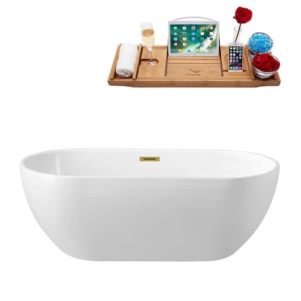 Streamline 59 in. Acrylic Flatbottom Non-Whirlpool Bathtub in Glossy White with Polished Gold Drain and Overflow Cover