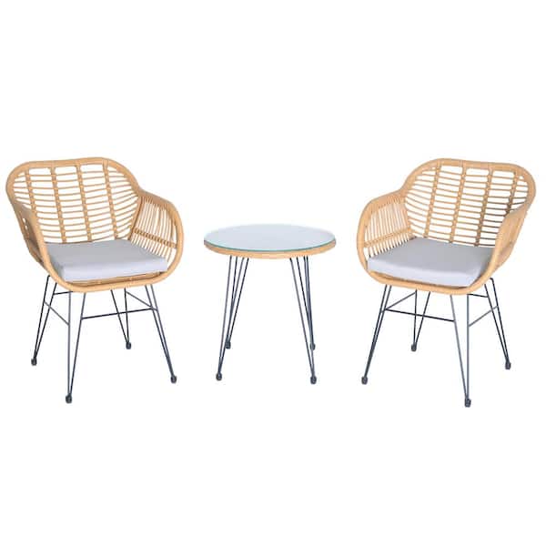 Uixe 3-Piece Patio Wicker Outdoor Bistro Yellow Rattan Chair and Glass Table Set with Beige Cushions