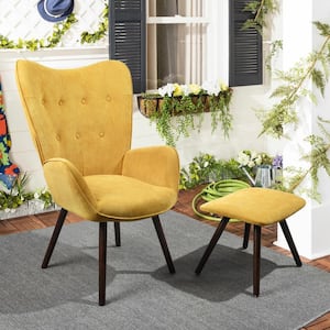 Kas Yellow Fabric Upholstered Tufted Armrest Wingback Arm Chair With Ottoman