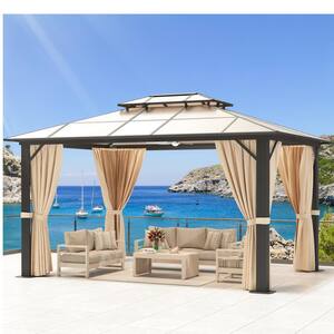 10 ft. x 13 ft. Hardtop Outdoor Double Roof Furniture Gazebo with Netting&Curtains for Backyard Wedding Garden