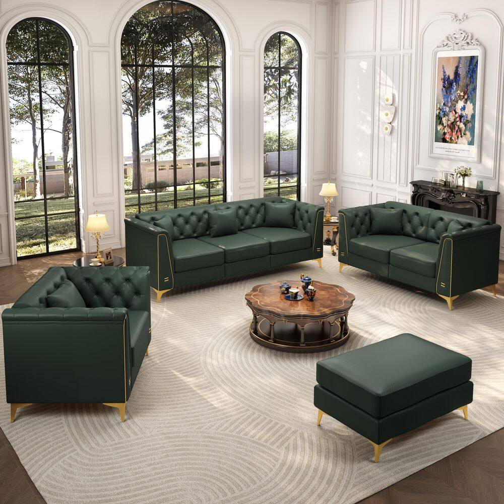Valenry 4-Piece Track Arm Faux Leather Chesterfield Sofa Set with 3-Seater, Loveseat and Ottoman in Forest Green