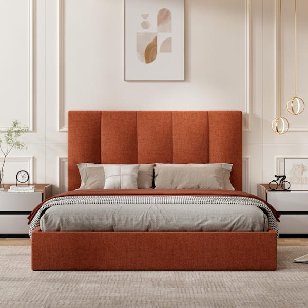 Ahokua Burnt Orange Plywood Frame Full Size Linen Upholstered Platform Bed with Lifting Storage