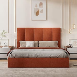 Orange Plywood Frame Full Size Linen Upholstered Platform Bed with Lifting Storage