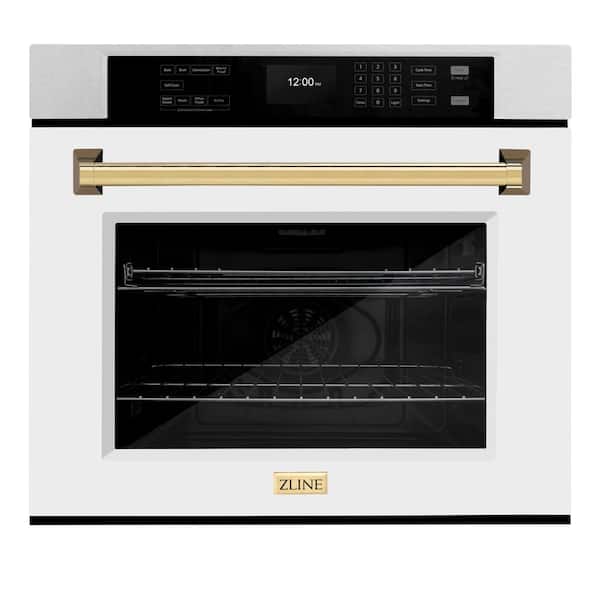 ZLINE Kitchen and Bath 30 in. Autograph Single Wall Oven with Air Fry and Self Clean in Satin Steel with White Doors and Gold Handle