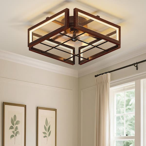 18.9" Ceiling Fan with 1 Light Remote Control, Farmhouse Wood Grain Brown Square 3 Color Temp Pendant Light for Home