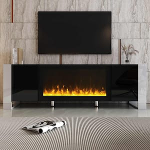 Modern Black TV Stand Fits TV's up to 78 in. with 34.2 in. Non-Heating Electric Fireplace, 2 Cabinets