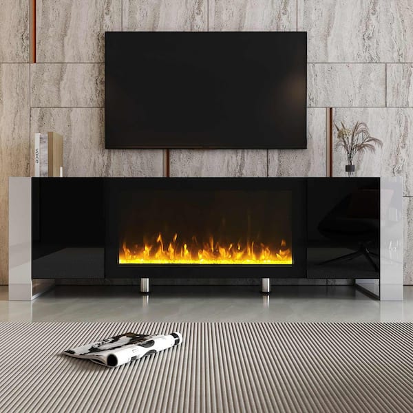 Polibi Modern Black TV Stand Fits TV's up to 78 in. with 34.2 in. Non-Heating Electric Fireplace, 2 Cabinets