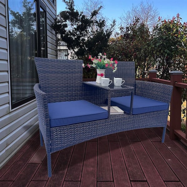 Otryad Wicker Patio Conversation Furniture Set, Outdoor Furniture Set with Removable Cushions and Table in Blue