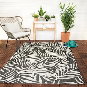 Tropical Palm Leaves Black 5 ft. x 7 ft. Indoor/Outdoor Patio Area Rug