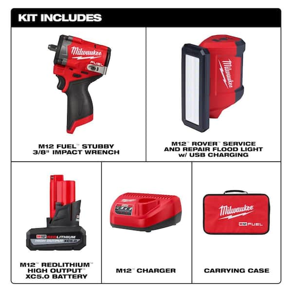 M12 FUEL 12V Li-Ion Brushless Cordless Stubby 3/8 in. Impact Wrench Kit w/ 5.0 Ah High Output Battery and Flood Light
