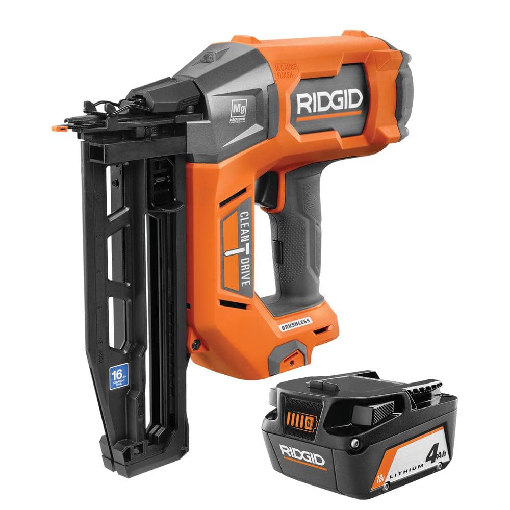 18V Brushless Cordless 16-Gauge 2-1/2 in. Straight Finish Nailer with 18V 4.0 Ah Battery -  RIDGID, R09893R87004