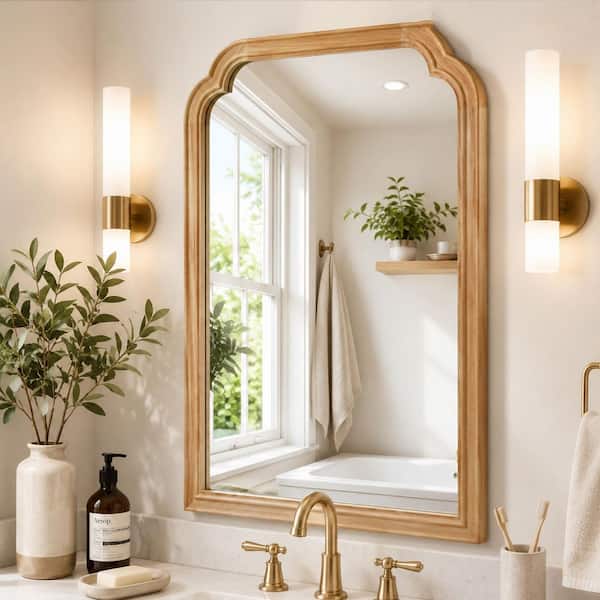 Natural Wood 24 in. W x 36 in. H Small Rectanngular Framed Rounded Corner Decorative Wall Mount Bathroom Vanity Mirror