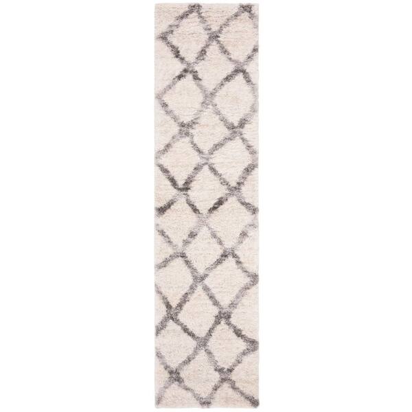 Berber Shag 2 x 10 Cream/Gray Trellis Runner Rug
