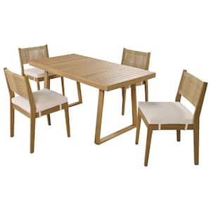Brown 5-Piece Acacia Wood Outdoor Dining Set with Beige Cushion