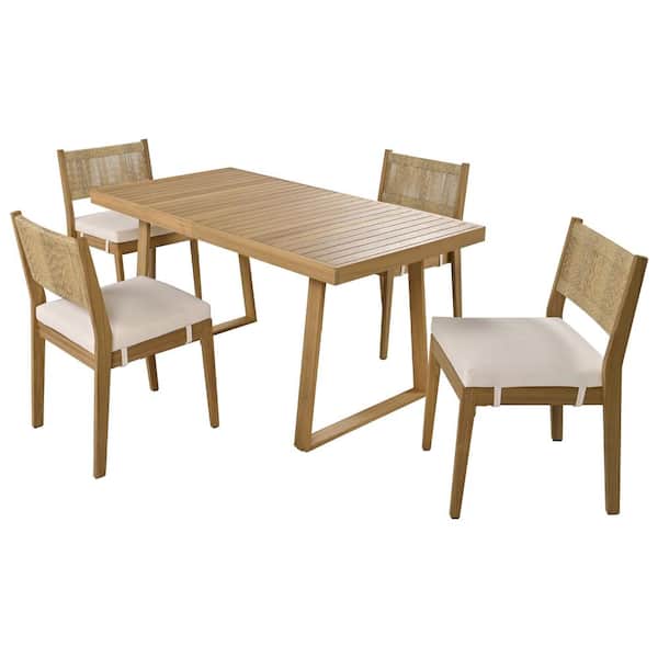 Cesicia Brown 5-Piece Acacia Wood Outdoor Dining Set with Beige Cushion
