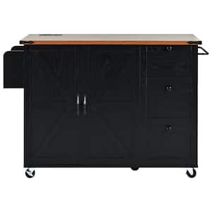 Oasis Black Wood 54.5 in. Kitchen Island with Internal Storage Rack, Drop Leaf, Rolling Kitchen Cart on Wheel