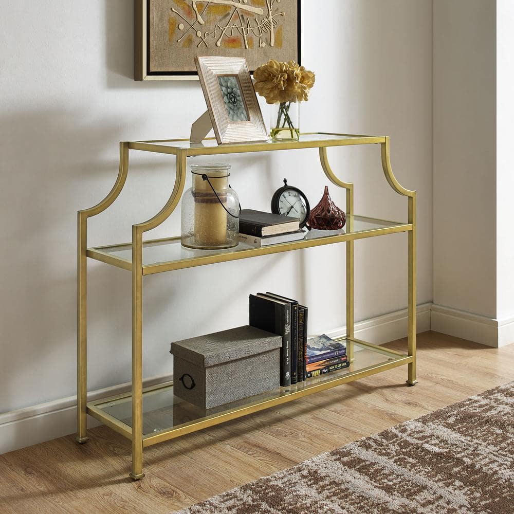Gold and Glass Console Table with Storage Shelves