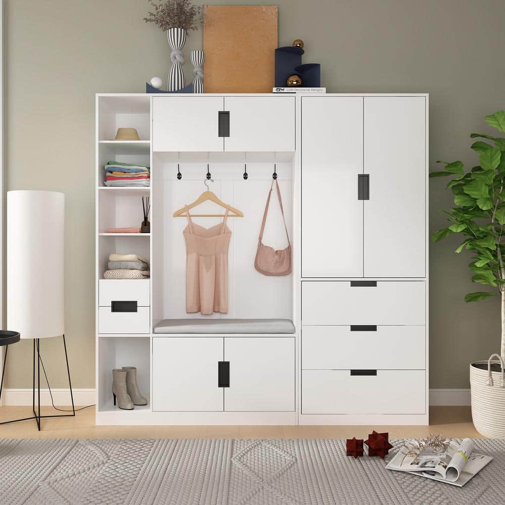 White 70.9 Coat 70.9 in. Armoires Home W Depot Hall Shoe (15.7 Hanging in. The Tree D H) Wood Rods, - Bench, KF020281-034 Drawers Rack, x FUFU&GAGA With in.