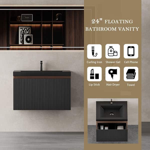 FAMYYT 24 in. W Single Sink Walnut Black Floating Bath Vanity with