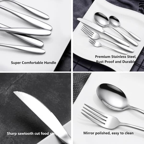 Silverware Set With Steak Knives, 48-Piece Stainless Steel Flatware Cutlery  Set For 8, Kitchen Cutlery Set For Home Kitchen Restaurant Hotel, Mirror  Polished, Dishwasher Safe (Black)