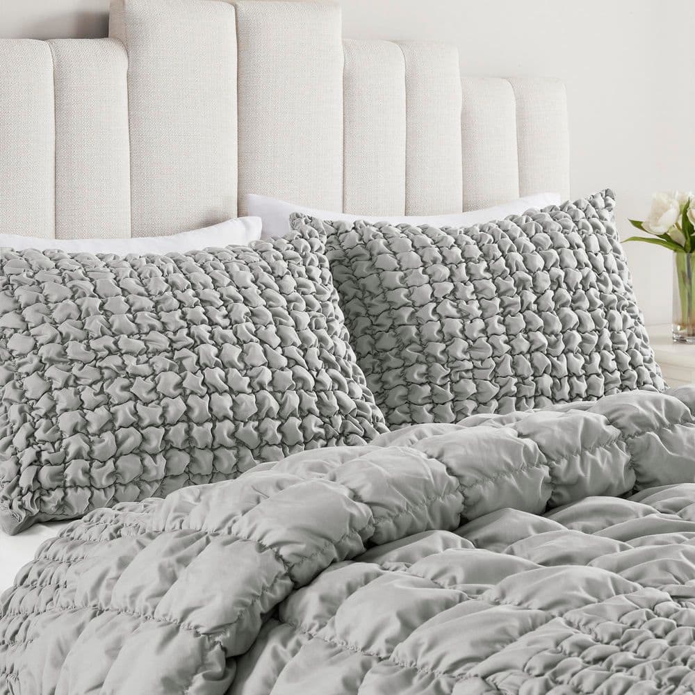 Gray Full Microfiber Ruched Comforter Set