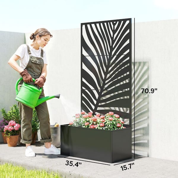 Outsunny 71 in. Black Metal Planter Box with Trellis Privacy