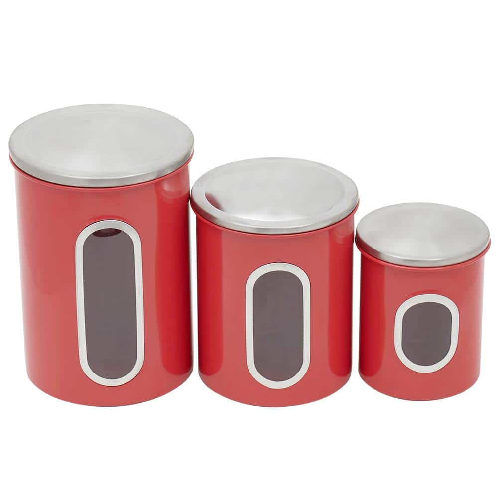 Home Basics 3 Piece Stainless Steel Top Canisters With Windows Red   Red Home Basics Kitchen Canisters Hdc92361 64 1000 