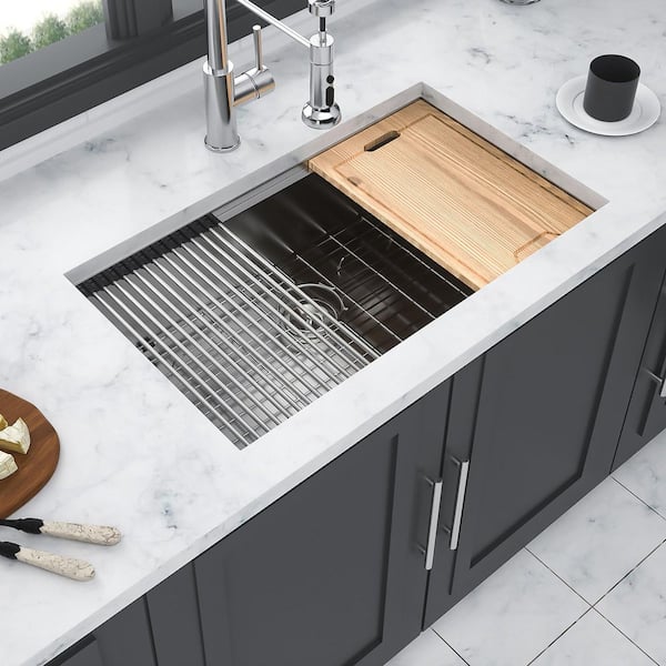 33 in. Undermount Single Bowl 16 Gauge Brushed Nickel Stainless Steel Kitchen Sink with Workstation