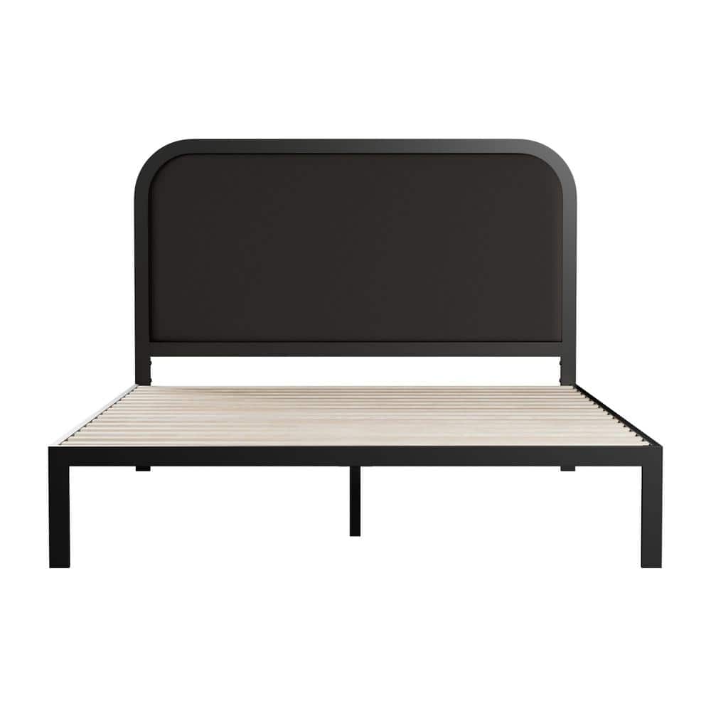 Charcoal King Metal Platform Bed with Rounded Upholstered Headboard
