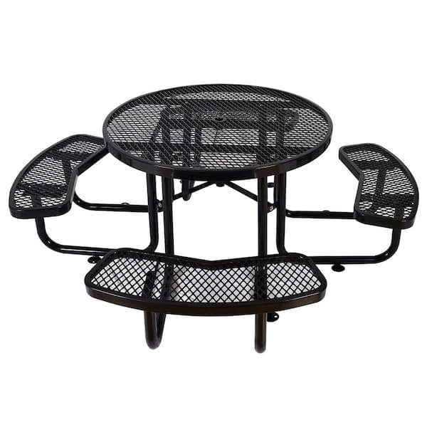Patio Dining Furniture, 46 in. Round Top Heavy-Duty Steel Outdoor Picnic Table with Umbrella Hole, Black