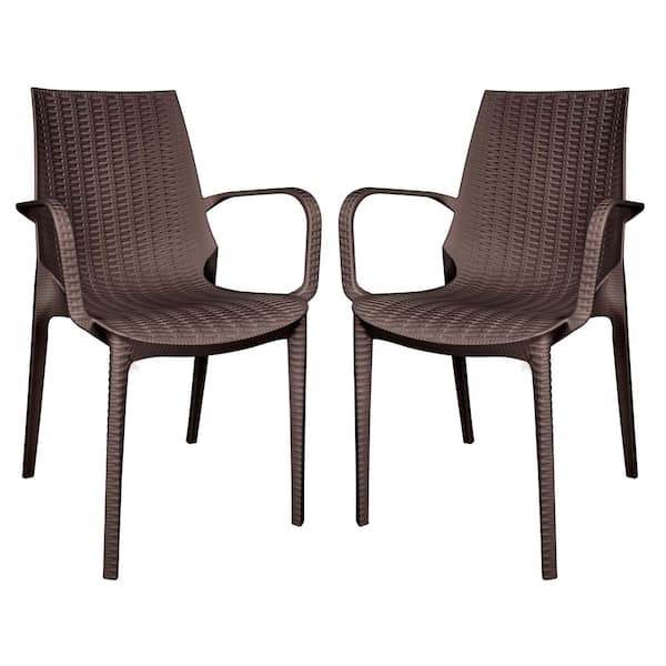 Leisuremod Kent Plastic Outdoor Dining Arm Chair in Brown (Set of 2)