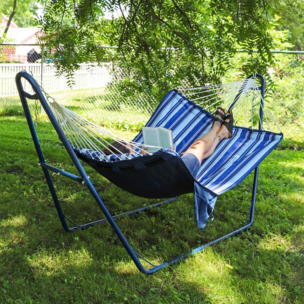 Blue and White Quilted Double Hammock with Metal Spreader Bars