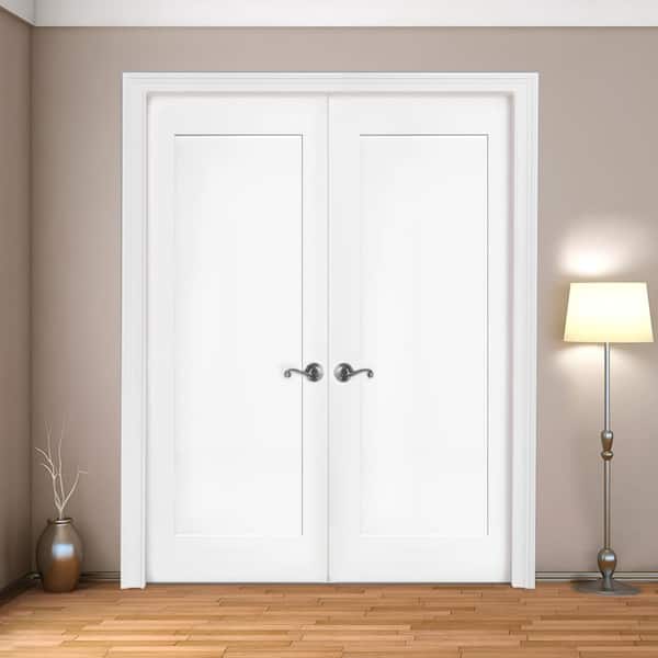 48 in. x 80 in. Universal 1-Panel Shaker Primed Fiberglass Double Prehung Interior Door with Nickel Hinges